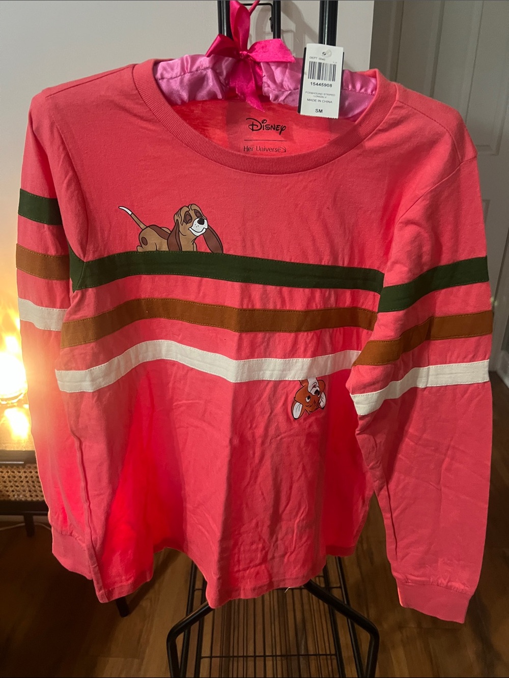 Disney Pink Long-Sleeve Tee with Fox and Hound Graphic and Multi-Stripe Detail